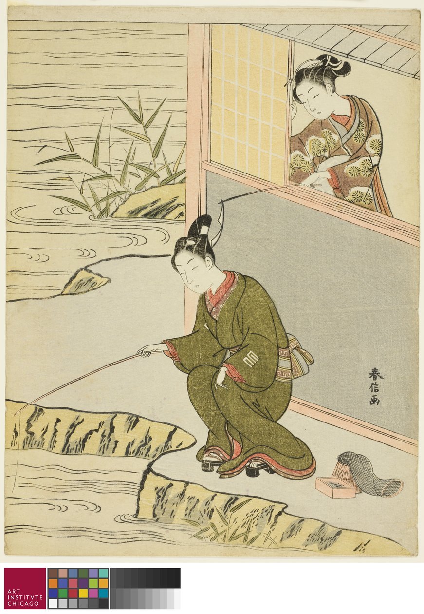 Skjønnhet som erter en ung mann som fisker, ca. 1768 av Suzuki Harunobu