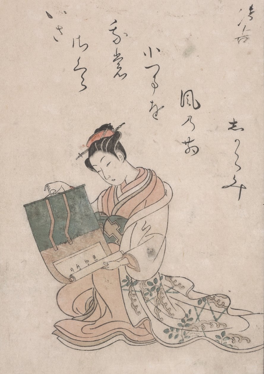 Beauty Unrolling Scroll, ca. 1770 (fargetresnitt på japansk papir) av Suzuki Harunobu