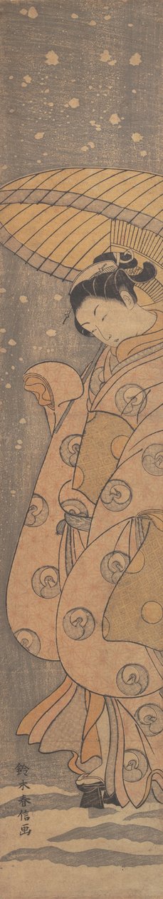 Skjønnhet under en paraply i snøen, ca. 1770., ca. 1770. av Suzuki Harunobu