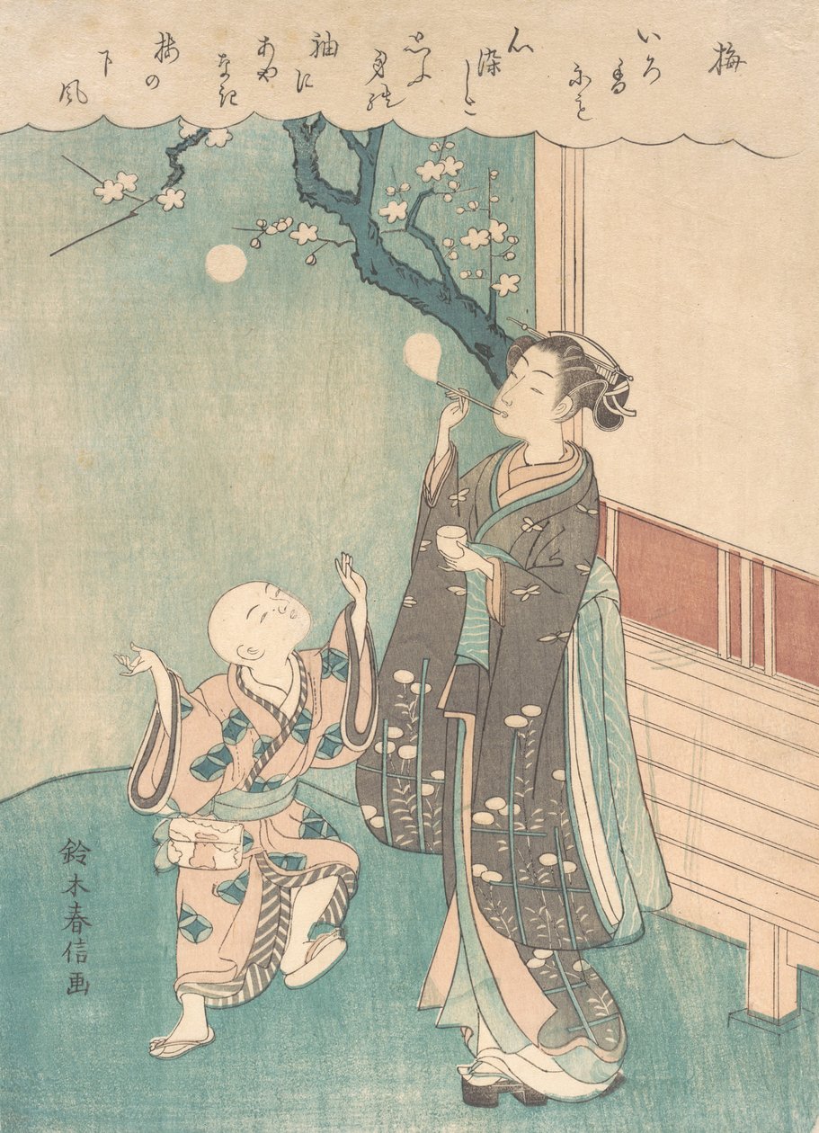 Blåser såpebobler under plommeblomsten. av Suzuki Harunobu