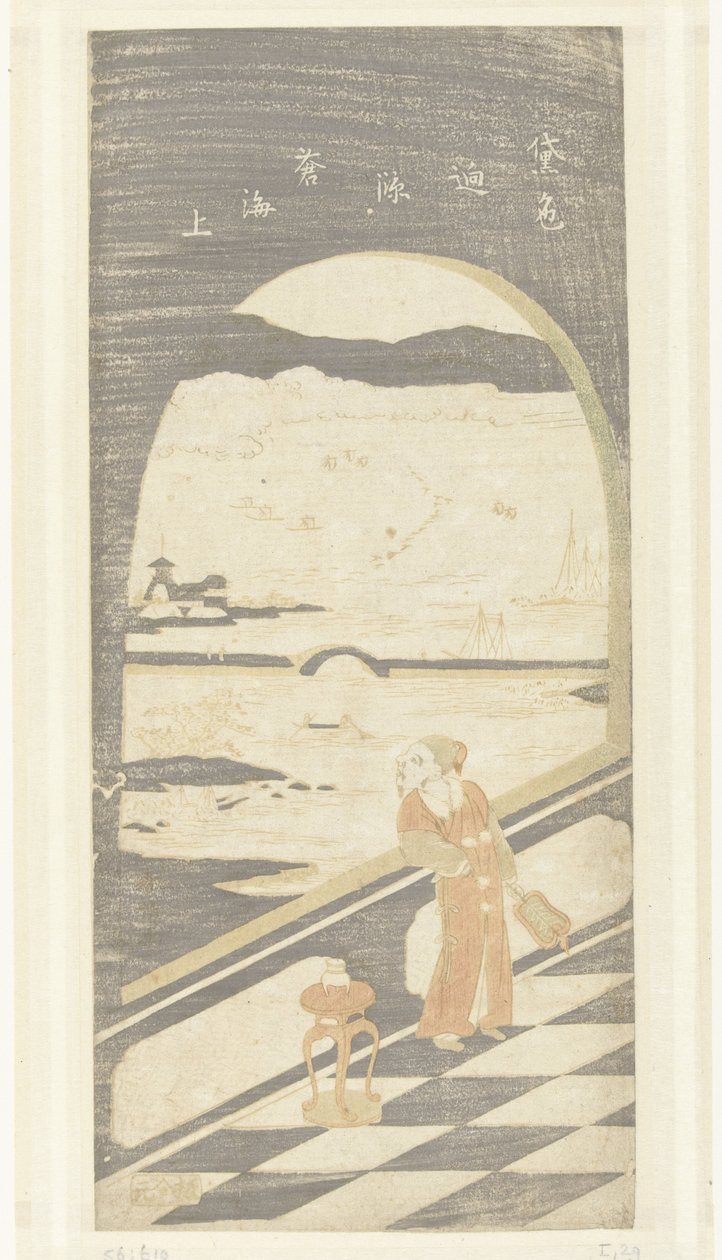 Kinesisk poet ser ut over vannlandskapet av Suzuki Harunobu
