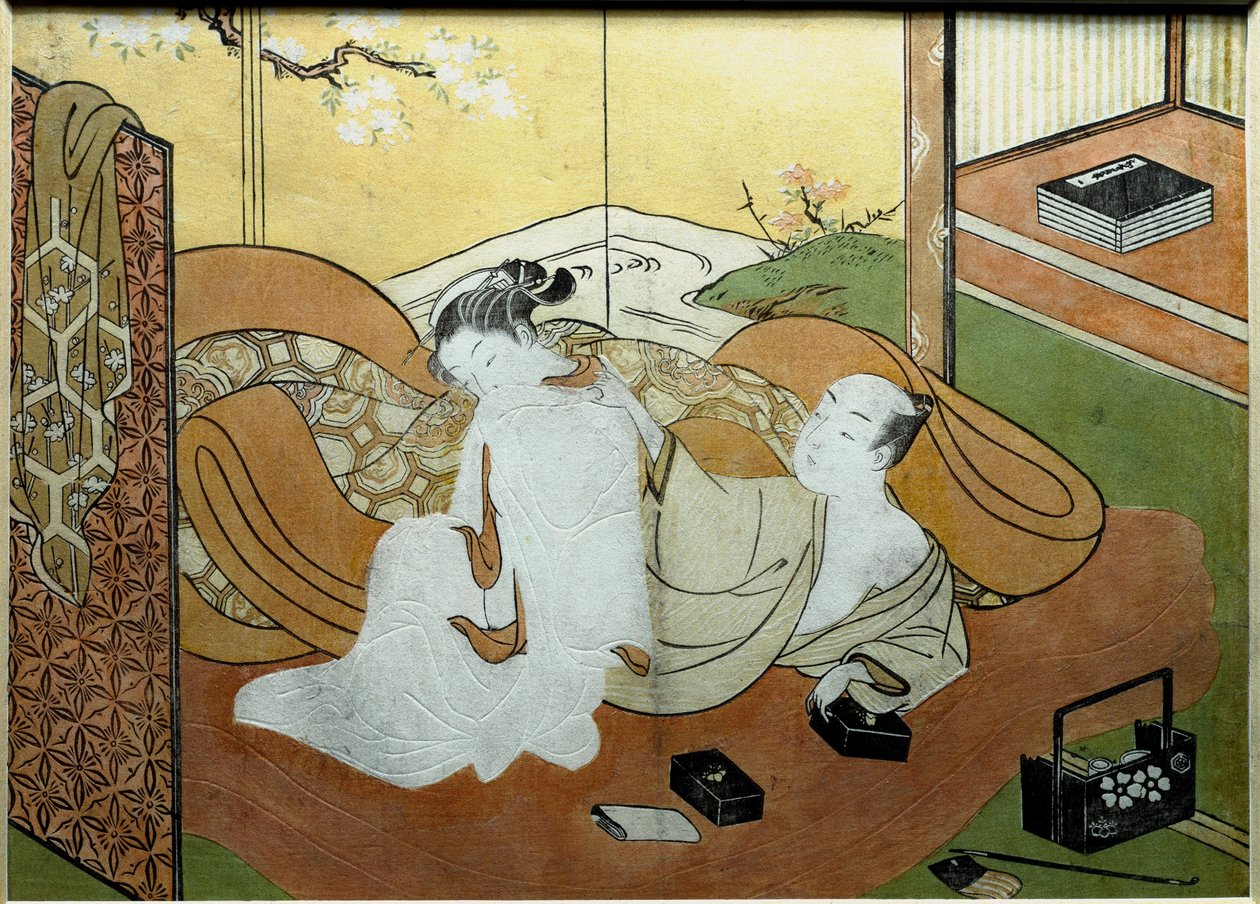 Et par elskere liggende i et interiør med skjerm, kalligrafiboks Nishiki-e print (Nishiki e) av Suzuki Harunobu (1725-rundt 1770) 1765 ca. Sol. 20,6x27,8 cm Privat samling av Suzuki Harunobu