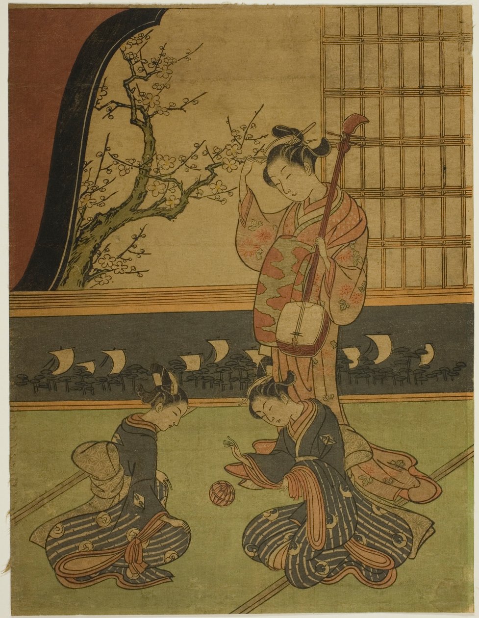 Courtesane ser på ledsagerne hennes leker med en ball av Suzuki Harunobu