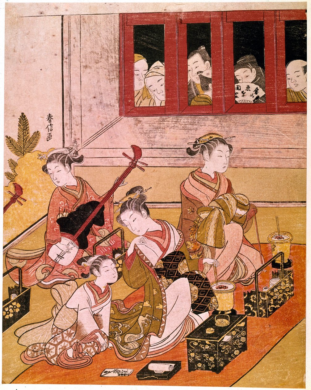 Courtesaner som spiller musikk utsatt for øynene til voyeurs japansk trykk av Haronobu Suzuki (1725-1770). 1769 ca. Dim. 0,27x0,21 m. Paris, Guimet-museet, Nasjonalmuseet for asiatisk kunst av Suzuki Harunobu