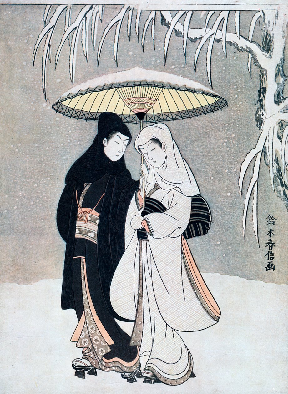 Crow and Heron, eller unge elskere som går sammen under en paraply i en snøstorm, c1769. av Suzuki Harunobu