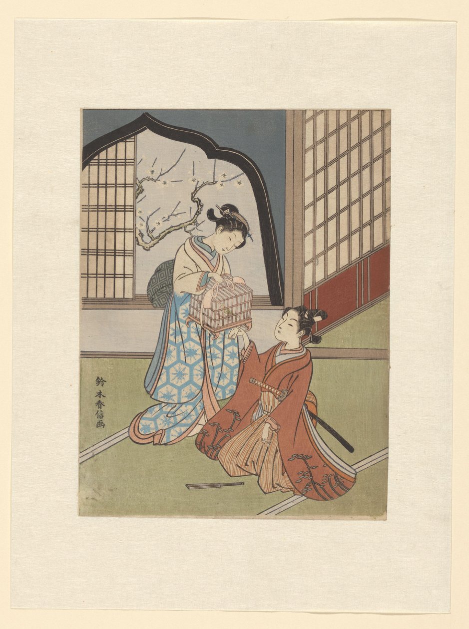 Et par med fuglebur av Suzuki Harunobu
