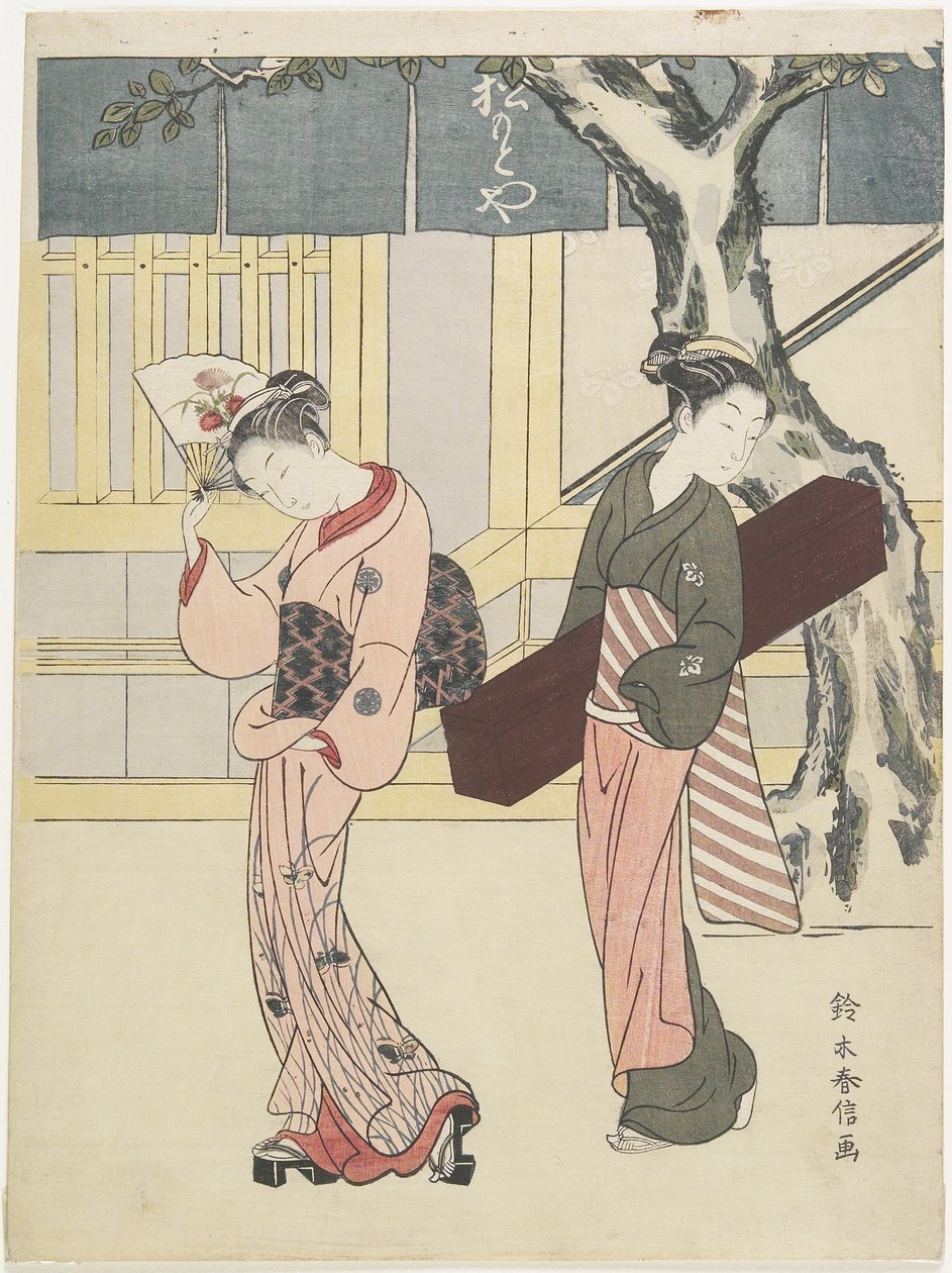 Entertainer og hennes ledsager foran Matsumoto-ya, ca. 1768 av Suzuki Harunobu
