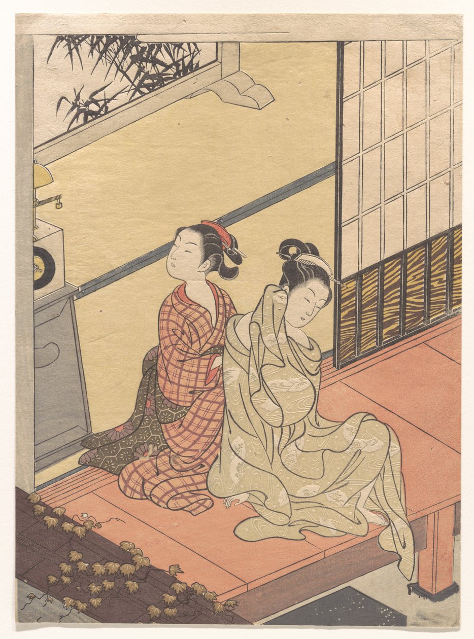 Aftenklokkens klang (Tokei no banshō), fra serien «Åtte salongutsikter» (Zashiki hakkei) av Suzuki Harunobu