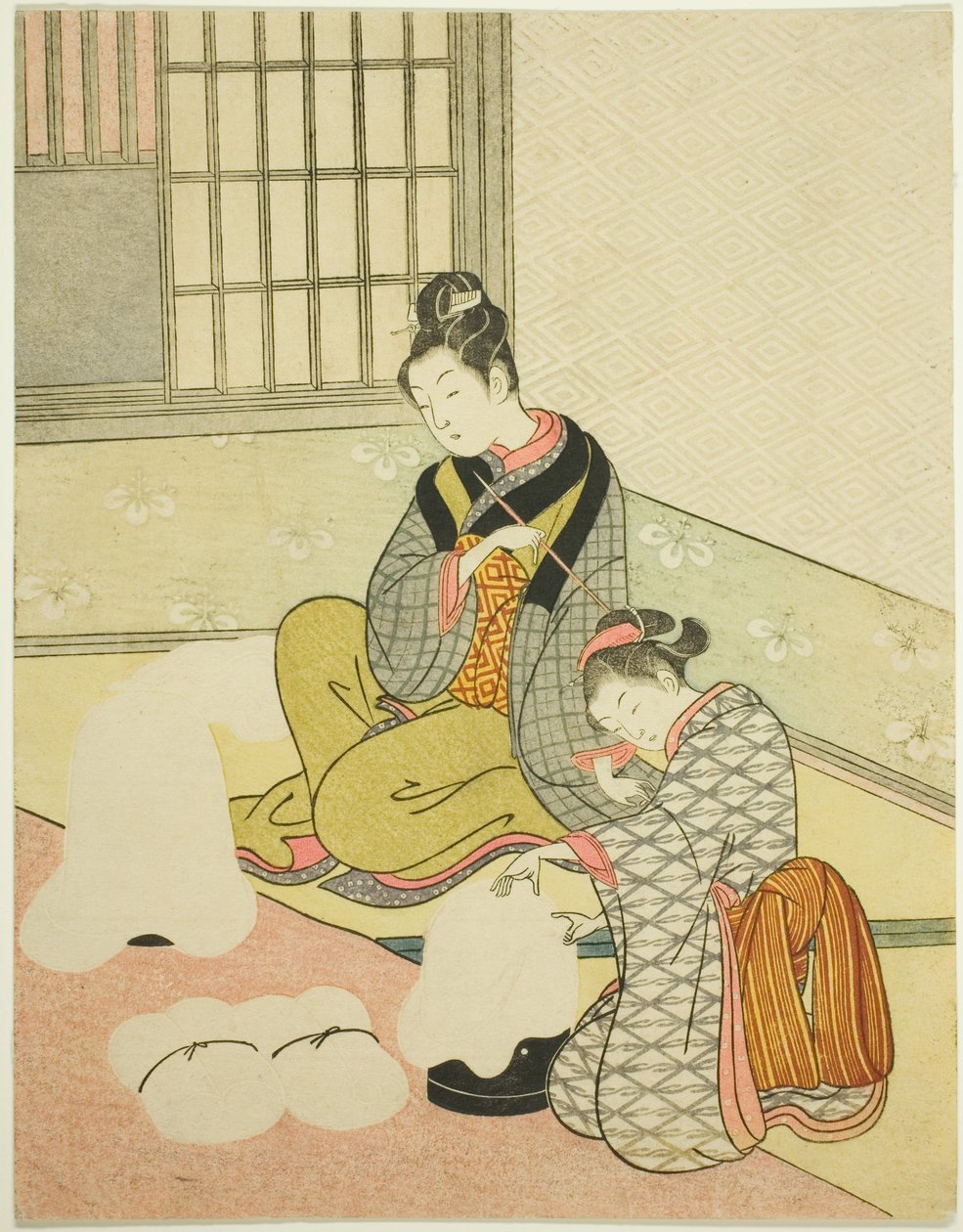 Evening Snow on a Floss Shaper (Nurioke no bosetsu), fra serien "Eight Views of the Parlour (Zashiki hakkei)" av Suzuki Harunobu