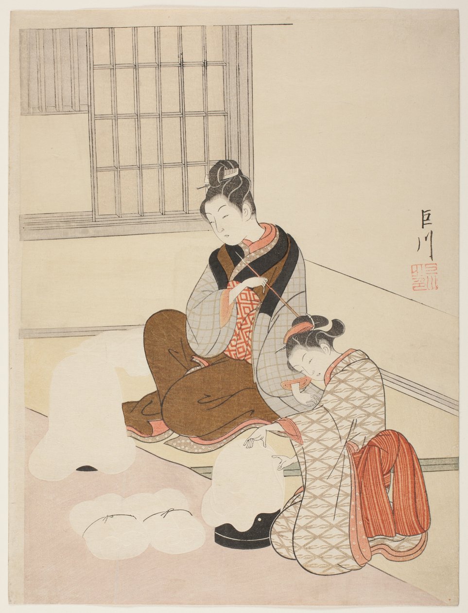 Evening Snow on a Floss Shaper (Nurioke no bosetsu), fra serien "Eight Views of the Parlour (Zashiki hakkei)" av Suzuki Harunobu