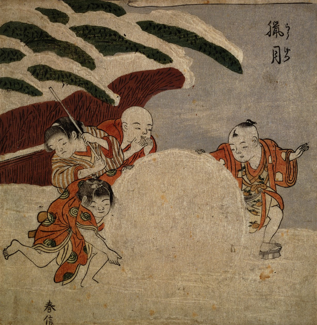 Fire gutter lager en snøball, ca. 1768 (farget treblokktrykk) av Suzuki Harunobu