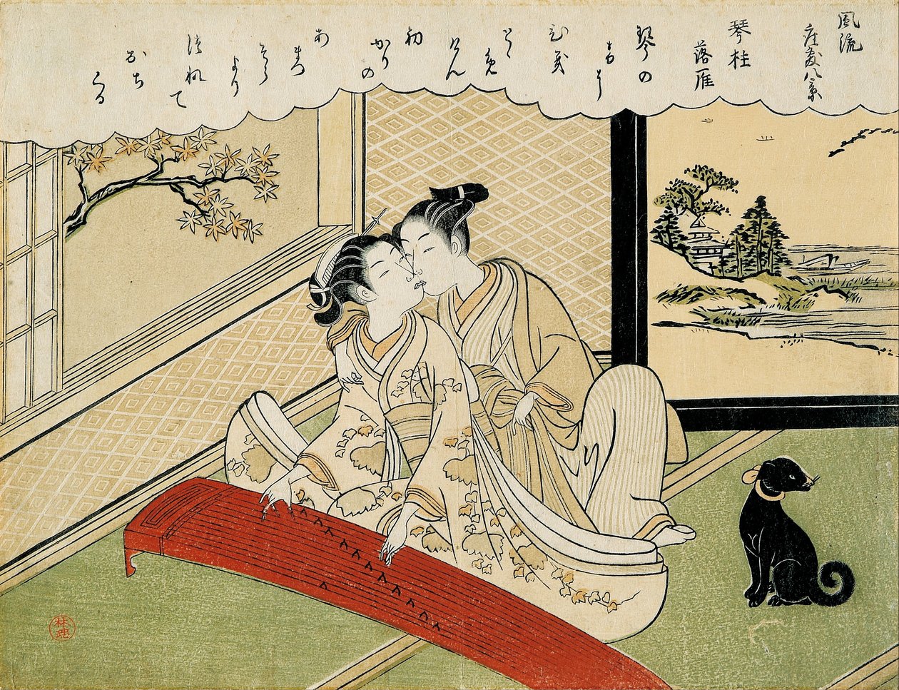 Gjess som stiger ned på koto-broene (Kotoji rakugan) fra settet "Åtte fasjonable salongutsikt (Furyu zashiki hakkei)" av Suzuki Harunobu
