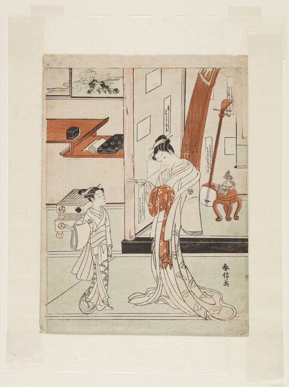 Geisha and Attendant (farget treblokktrykk) av Suzuki Harunobu