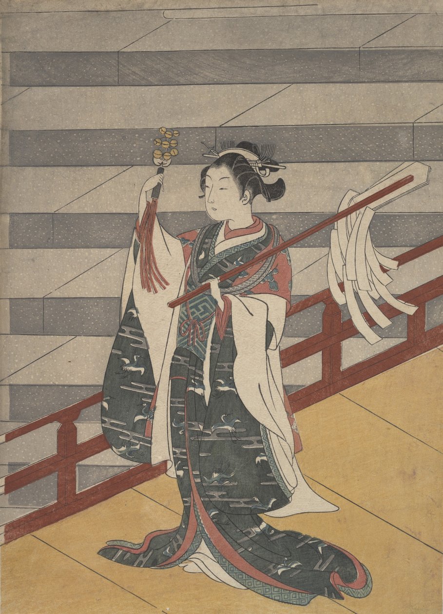 Jente på balkongen over steintrappen, ca. 1768., ca. 1768. av Suzuki Harunobu