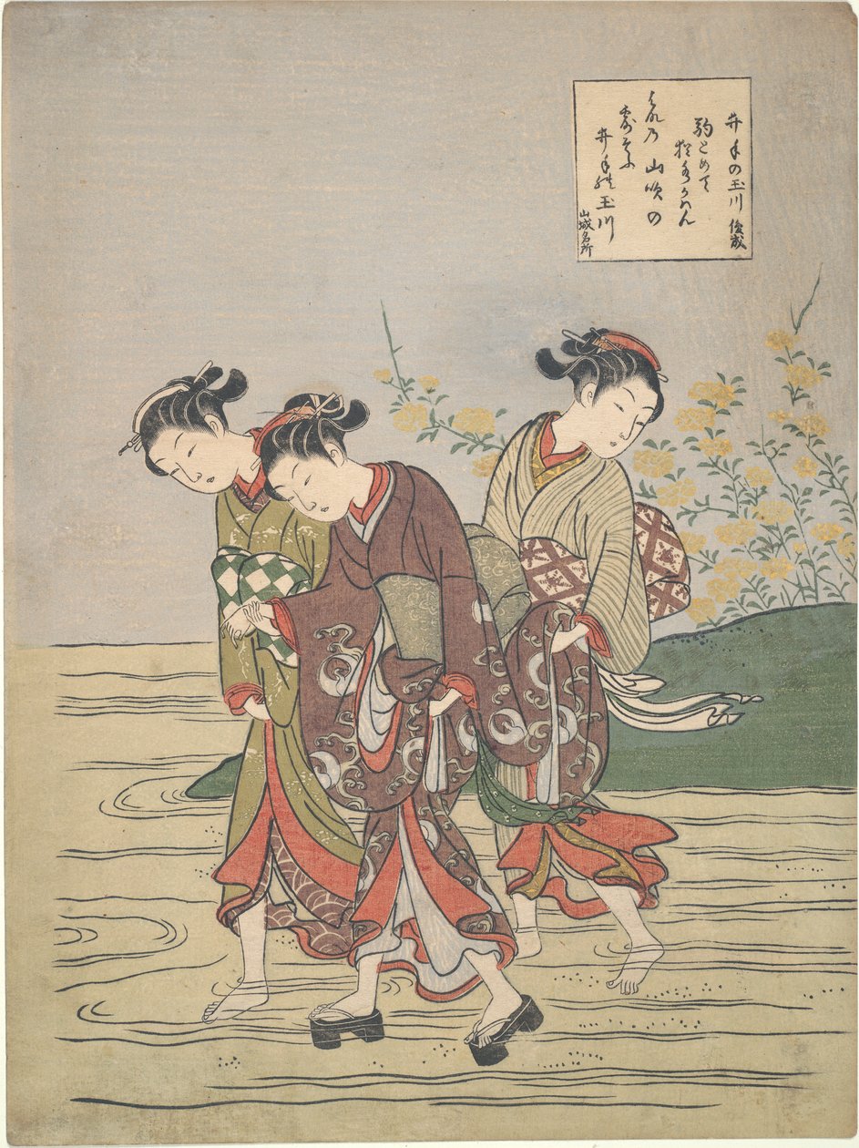 Jenter Fording the Ide no Tamagawa av Suzuki Harunobu