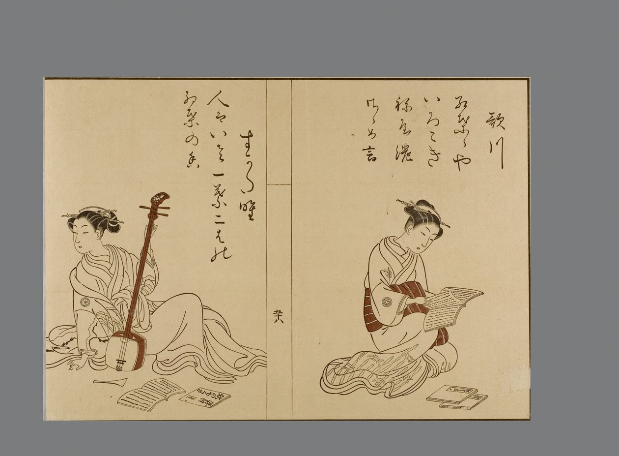 Harunobu stil skjønnheter som leser og poserer med samisen av Suzuki Harunobu