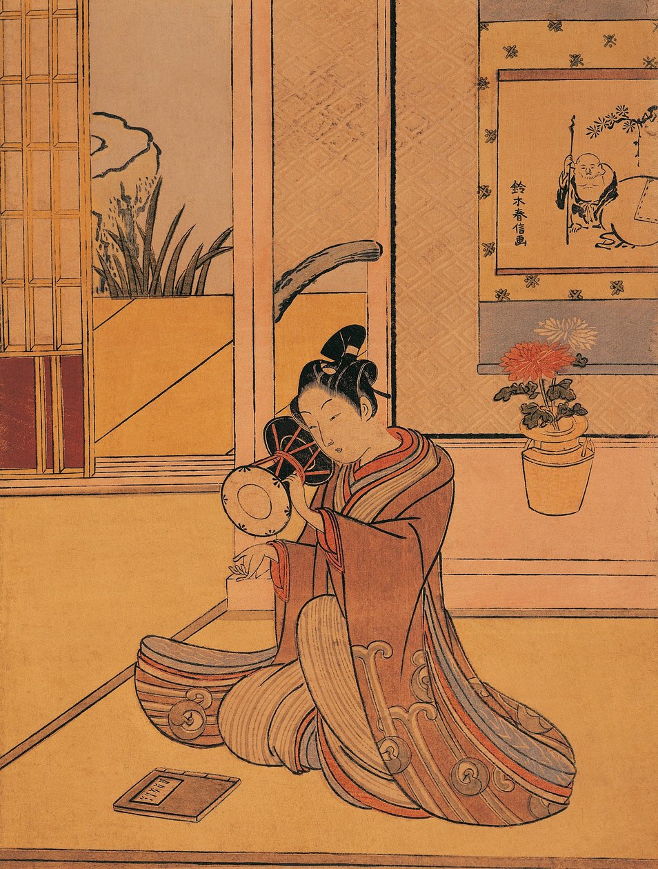 Italia, Genova, Ung mann som spiller tromme av Suzuki Harunobu (ca. 1725-1770), tresnitt av Suzuki Harunobu