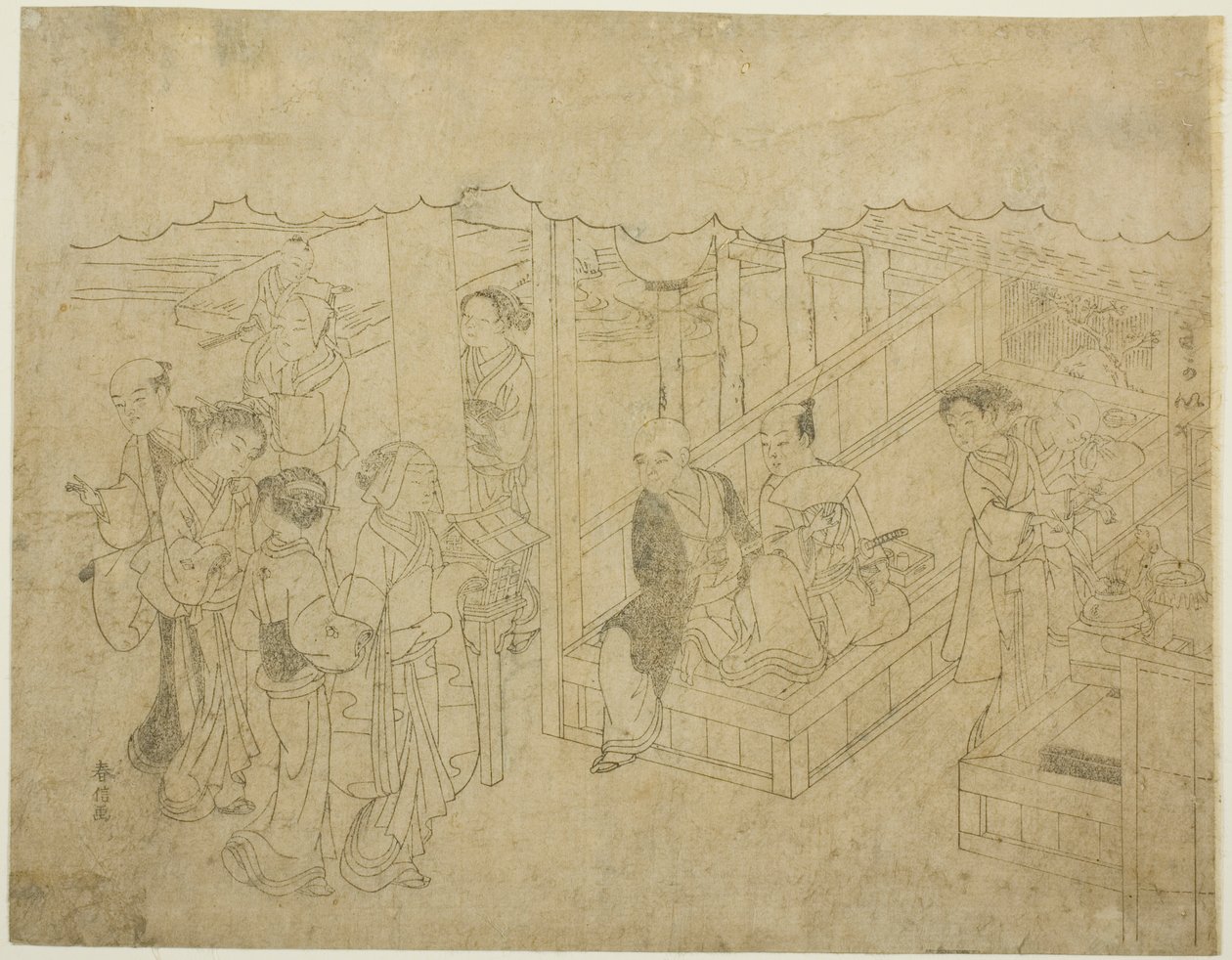 Nøkkelblokktrykk for The Introduction (Miai), det første arket fra serien "Marriage in Brocade Prints, the Carriage of the Virtuous Woman (Konrei nishiki misao-guruma)" av Suzuki Harunobu