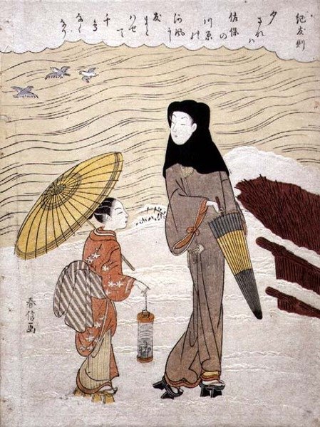 Lady and Maid Walking by a River, ca. 1767 (treblokktrykk med blinkpreging) av Suzuki Harunobu