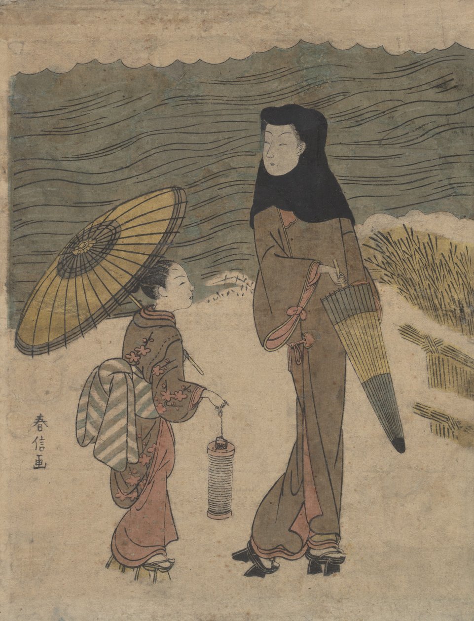 Dame med svart hette og paraply ute på tur med ung ledsager. av Suzuki Harunobu