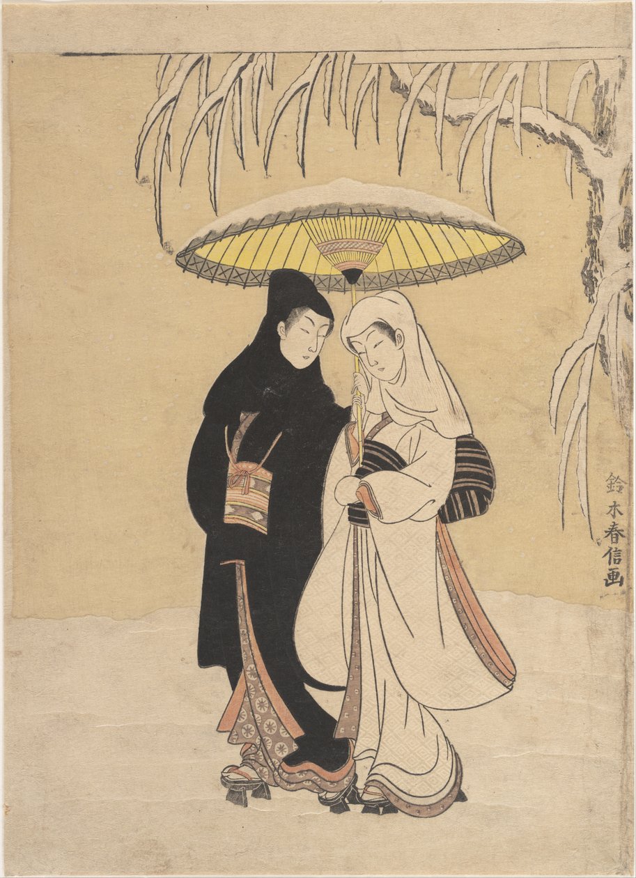 Elskende som går i snøen (kråke og hegre) av Suzuki Harunobu