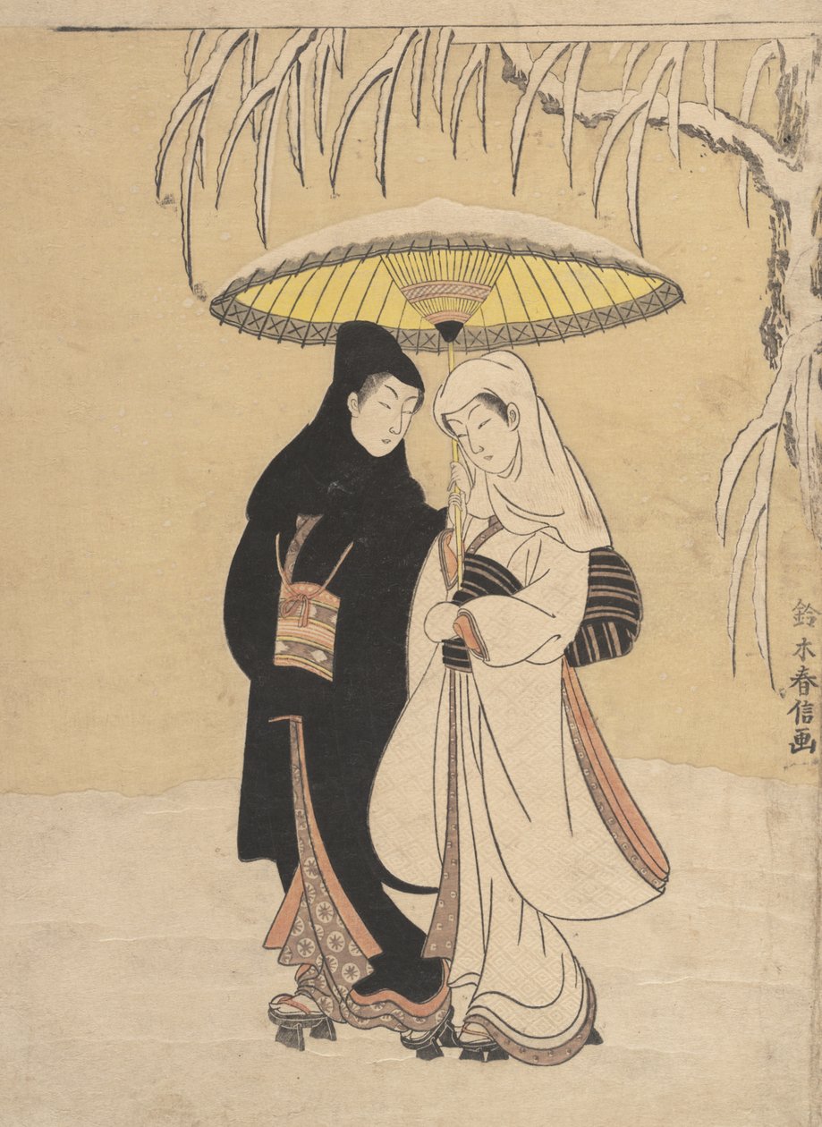 Lovers Walking in the Snow Crow and Heron, 1764-72., 1764-72. av Suzuki Harunobu