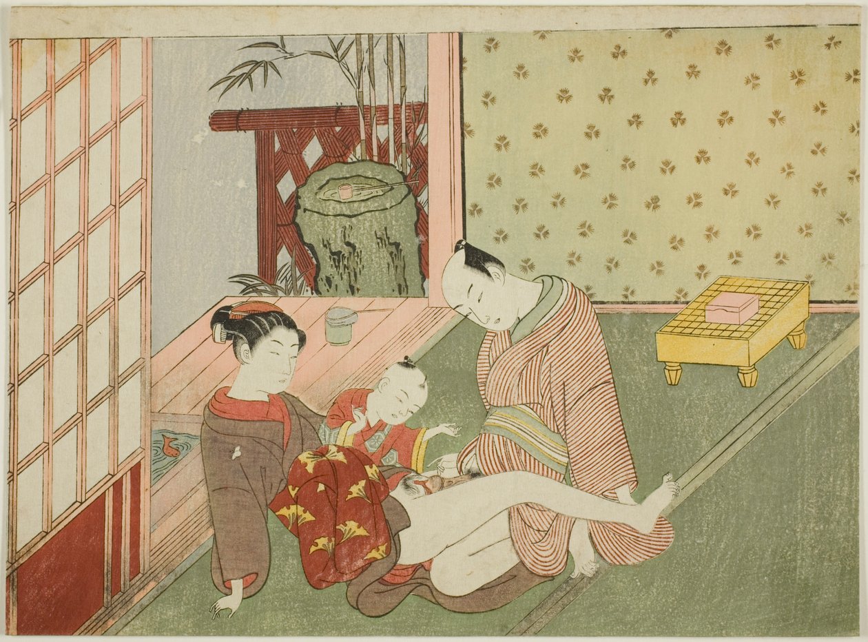 Lovers with Young Attendant Looking on, fra en serie uten navn med erotiske trykk av Suzuki Harunobu