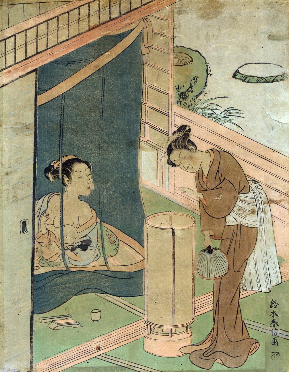 Mor og barn bak myggnetting av Harunobu Suzuki, en japansk designer av treblokktrykkkunstner i Ukiyo-e-stil. av Suzuki Harunobu