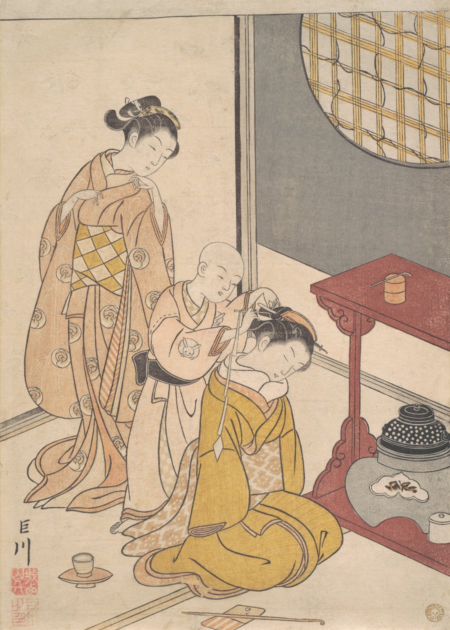Nattregn ved dobbelthyllestativet, ca. 1766 (treblokktrykk) av Suzuki Harunobu