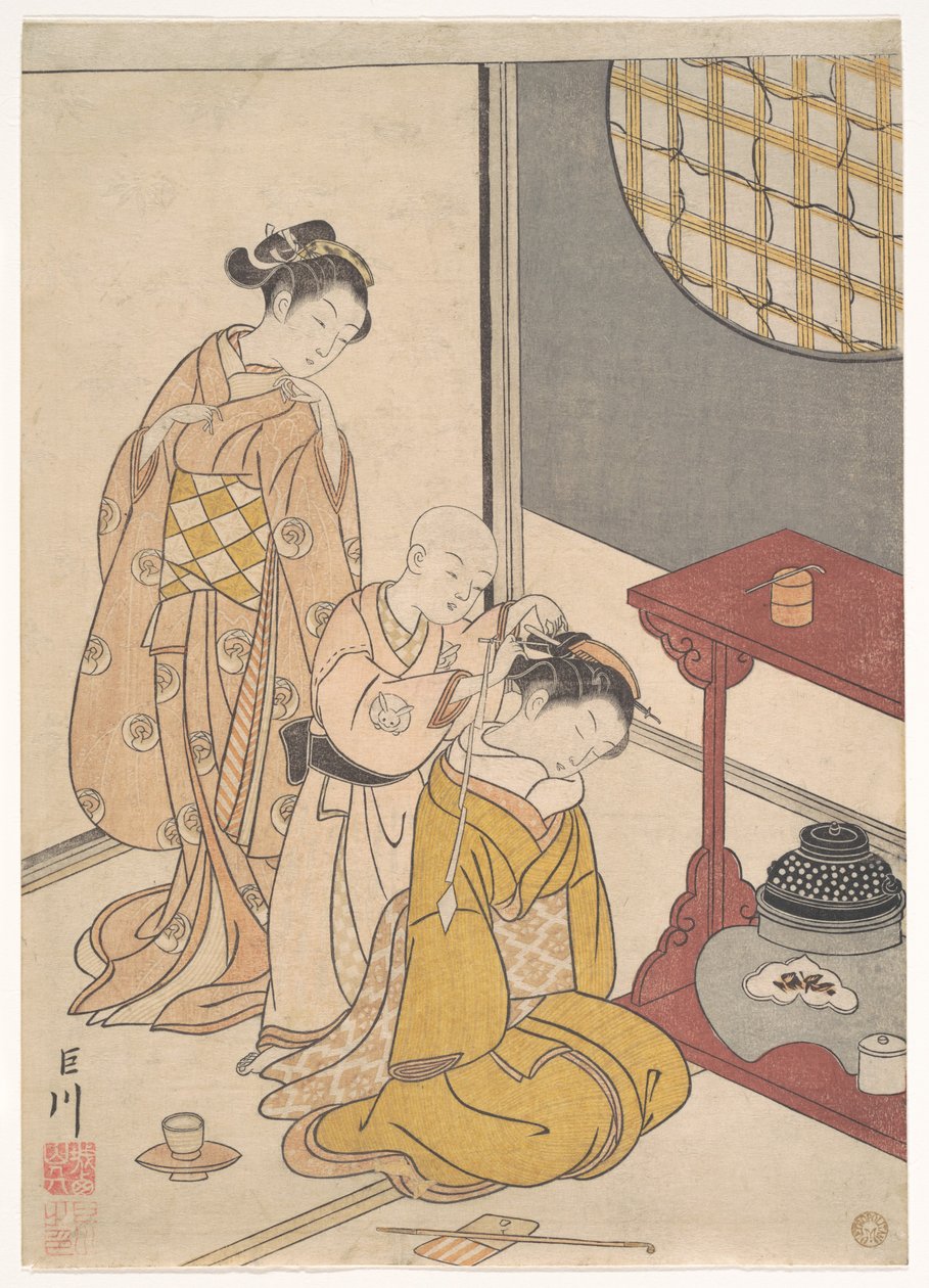 Nattregn ved stativet med dobbel hylle, fra serien Åtte stueutsikter (Zashiki hakkei) av Suzuki Harunobu