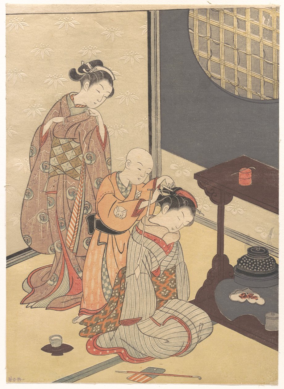 Nattregn ved standen med dobbel hylle, fra serien Åtte stueinteriører (Zashiki hakkei) av Suzuki Harunobu