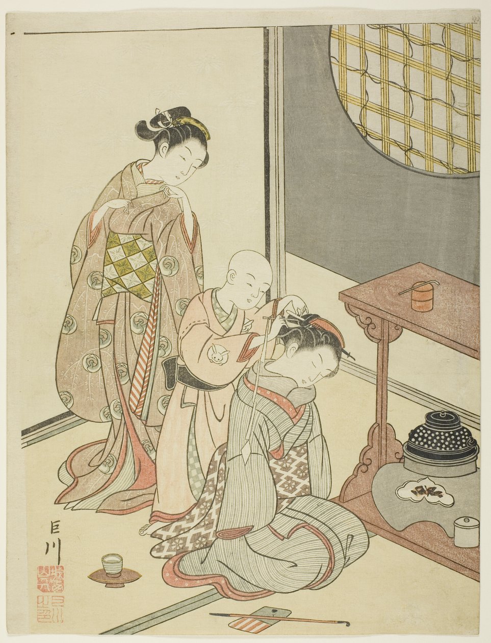 Night Rain of the Tea Stand (Daisu no yau), fra serien "Eight Views of the Parlour (Zashiki hakkei)" av Suzuki Harunobu