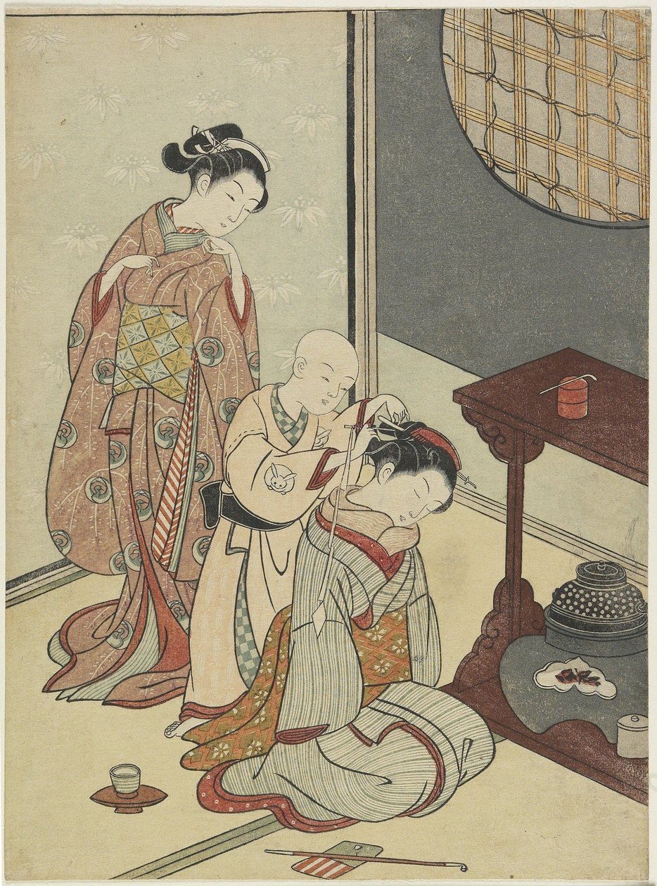 Night Rain on the Tea Stand, etter 1766 (farget treblokktrykk) av Suzuki Harunobu
