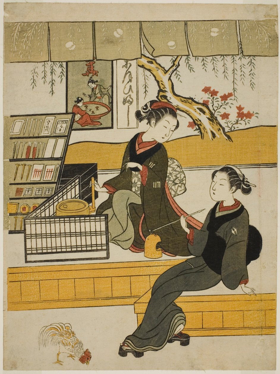 Ofuji, Shop Girl of the Motoyanagiya, med en kunde av Suzuki Harunobu