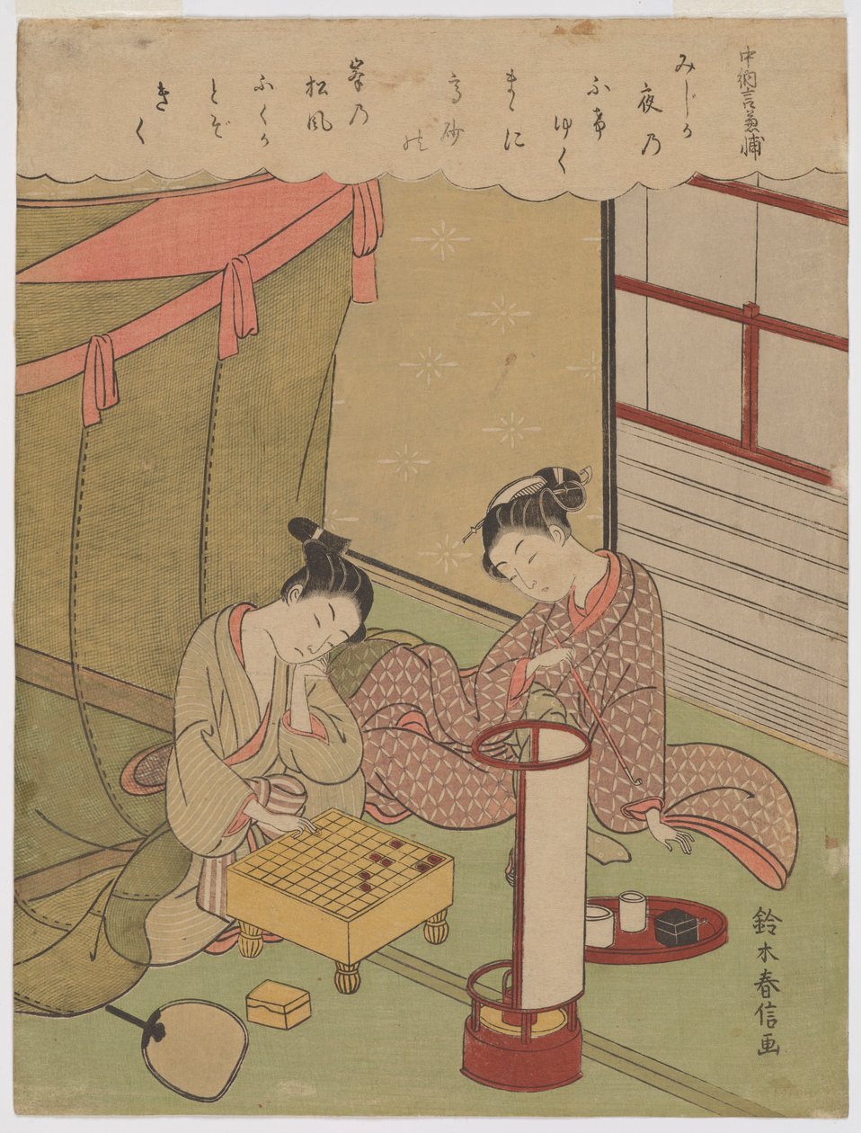 Oiran og en ung mann som spiller shogi en sommerkveld i Yoshiwara av Suzuki Harunobu