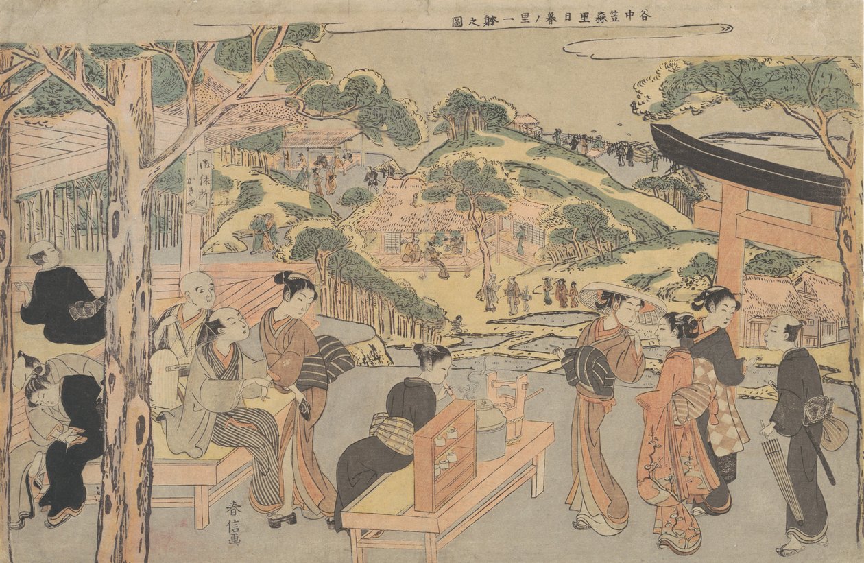 Utsikt over Kagiya Teahouse ved Kasamori-helligdommen i Yanaka, ca. 1768., ca. 1768 av Suzuki Harunobu