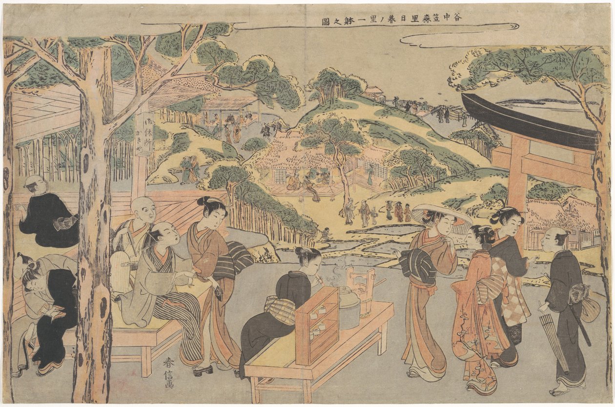 Osen fra tehuset Kagiya ved Kasamori-helligdommen med utsikt over Nippori i Yanaka av Suzuki Harunobu