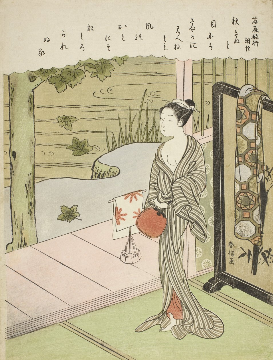 Dikt av Fujiwara no Toshiyuki, fra en serie uten tittel med trettiseks udødelige poeter, ca. 1767-68 av Suzuki Harunobu