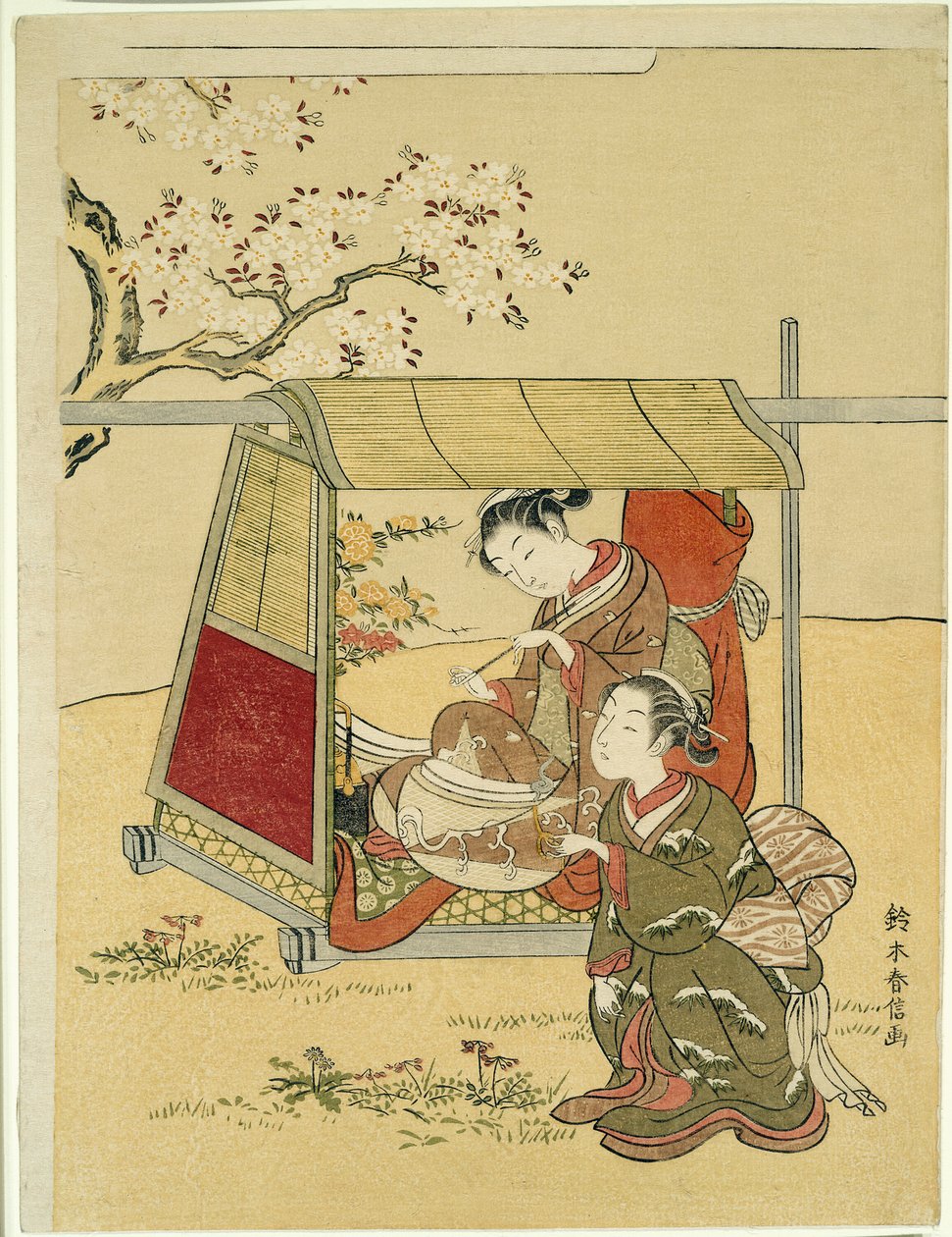 Hviler i en Palanquin under Cherry Blossoms av Suzuki Harunobu