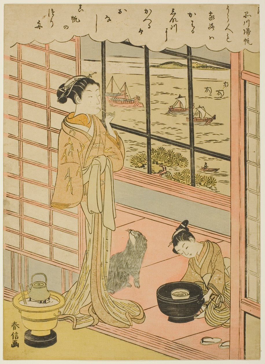 Returning Sails at Shinagawa (Shinagawa no kihan), fra serien "Eight Fashionable Views of Edo (Furyu Edo hakkei)" av Suzuki Harunobu