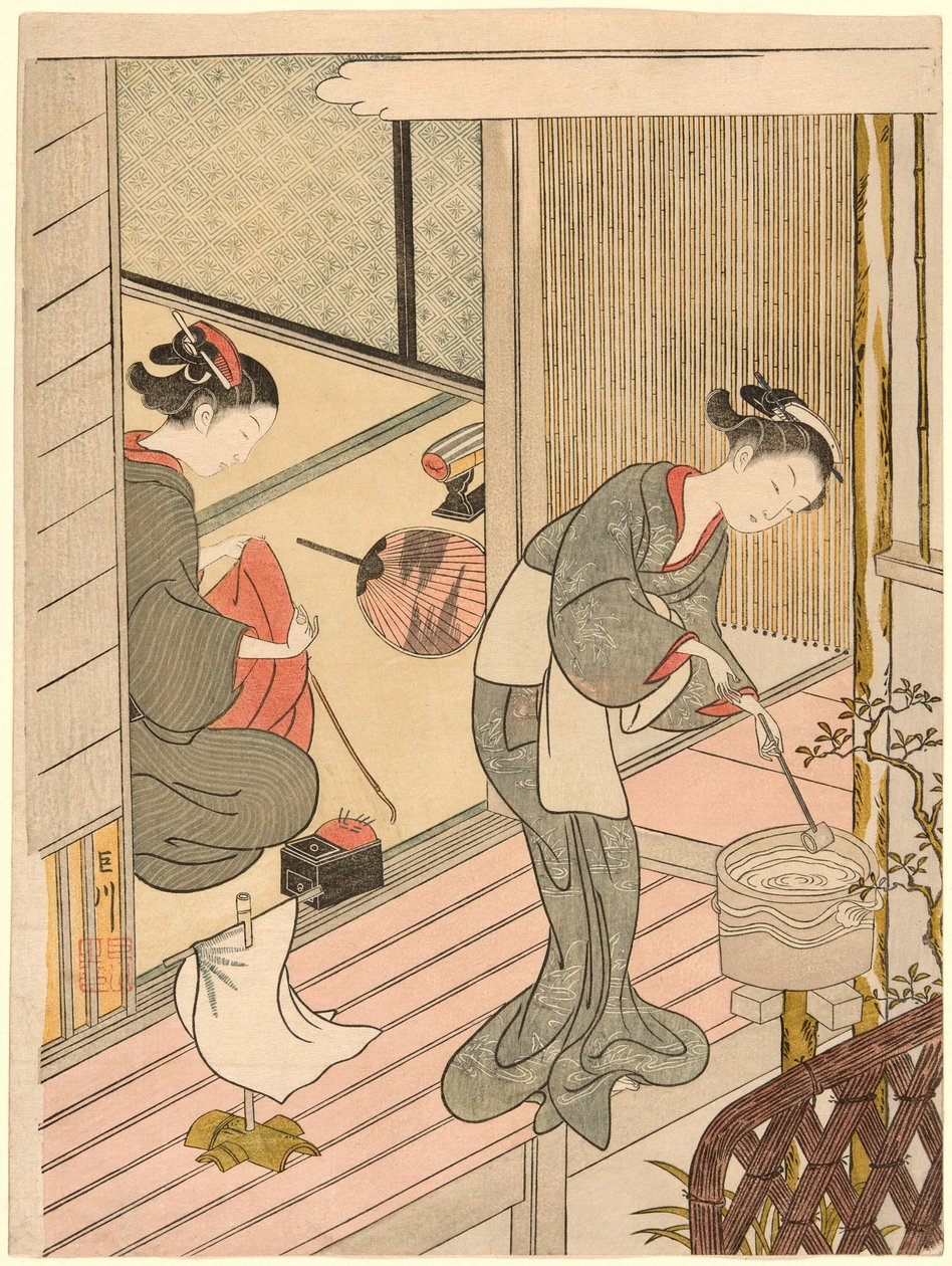 Returning Sails of the Towel Rack (Tenugui-kake no kihan), fra serien "Eight Views of the Parlour (Zashiki hakkei)" av Suzuki Harunobu