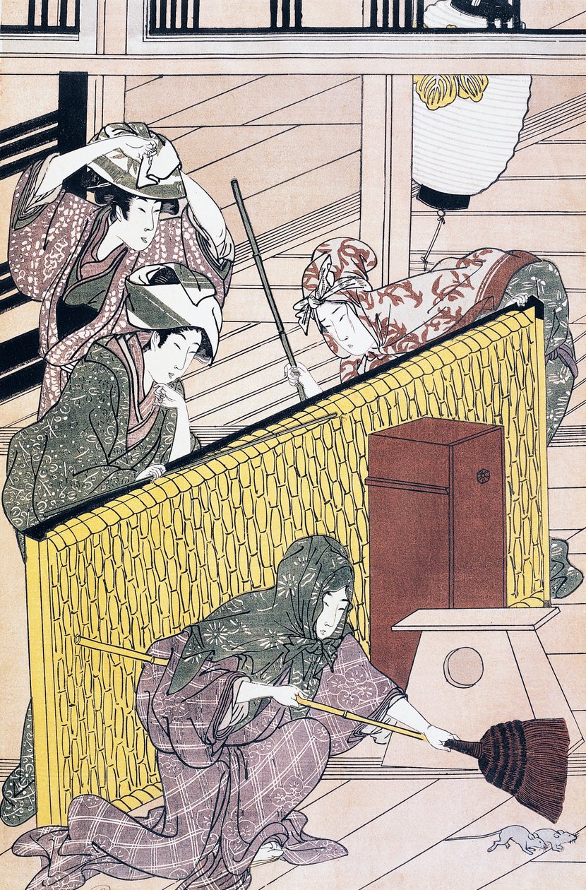 Tjener som jager mus i huset, ukiyo-e kunsttrykk av Suzuki Harunobu (1725-1770), tresnitt, japansk sivilisasjon, Edo-perioden av Suzuki Harunobu