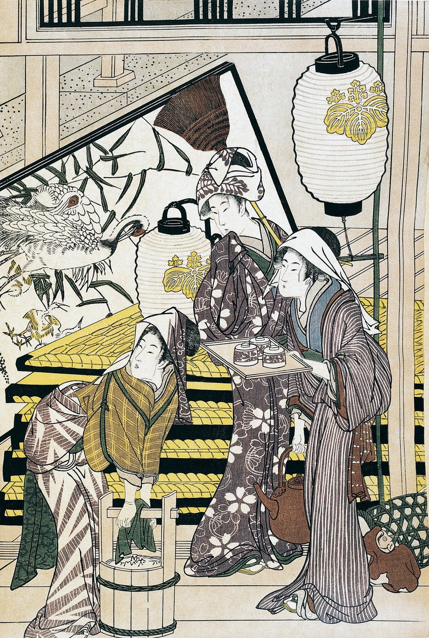 Tjenere som sliter i hjemmet, ukiyo-e kunsttrykk av Suzuki Harunobu (1725-1770), tresnitt, japansk sivilisasjon, Edo-perioden av Suzuki Harunobu