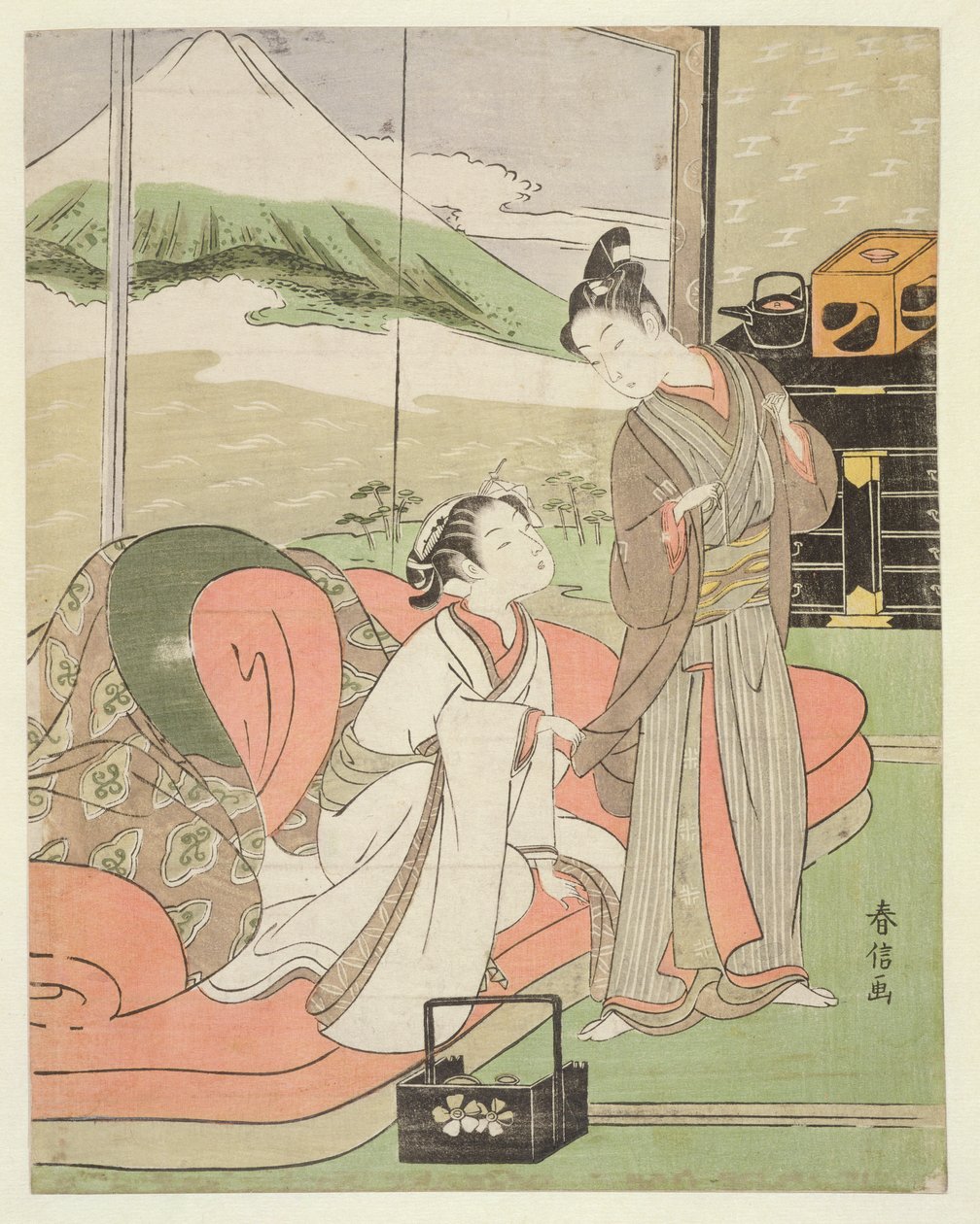 T H Riches 1913 Lover Take Leave of a Courtesan, ca. 1768-9 (treblokktrykk) av Suzuki Harunobu