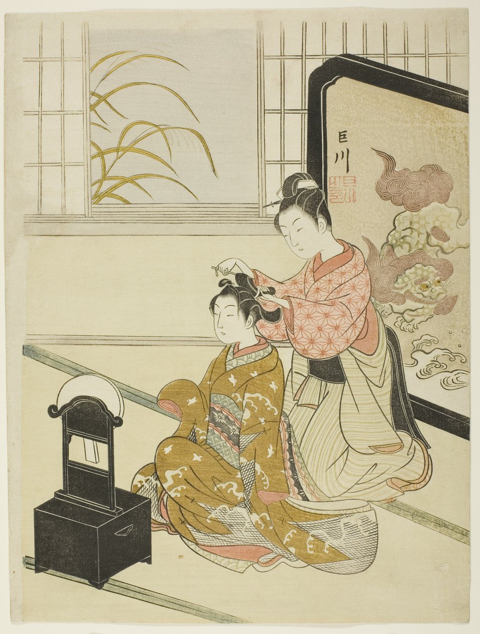 The Autumn Moon in the Mirror (Kyodai no shugetsu), fra serien "Eight Views of the Parlour (Zashiki hakkei)" av Suzuki Harunobu