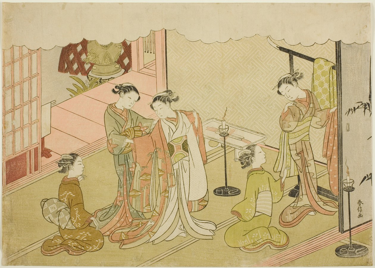 The Bride Changing Clothes (Iro-naoshi), det femte arket i serien "Marriage in Brocade Prints, the Carriage of the Virtuous Woman (Konrei nishiki misao-guruma)" av Suzuki Harunobu