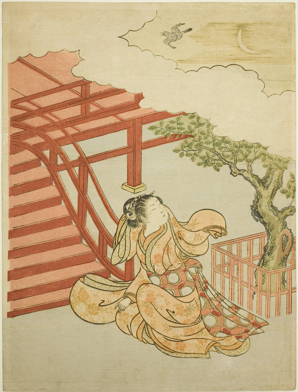 The Call of the Cuckoo fra over skyene (parodi på Minamoto no Yorimasa) av Suzuki Harunobu