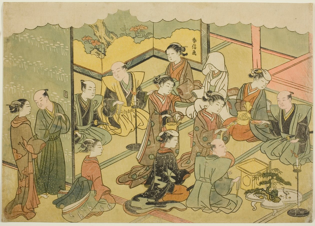 The Ceremonial Sake (Konrei sakazuki), det fjerde arket i serien "Marriage in Brocade Prints, the Carriage of the Virtuous Woman (Konrei nishiki misao-guruma)" av Suzuki Harunobu