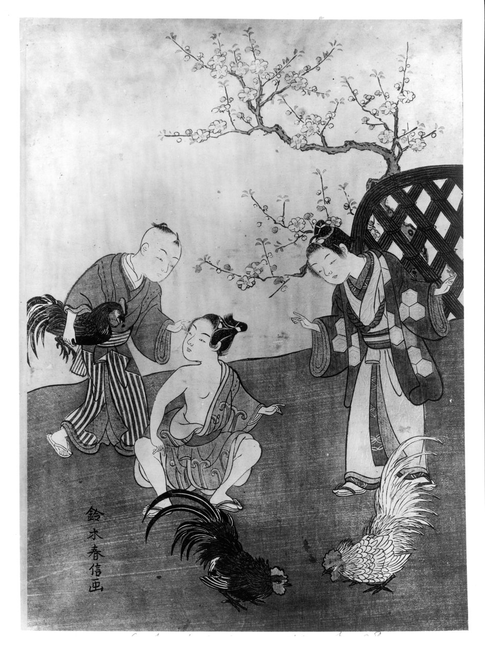 Hanekampen (treblokktrykk) av Suzuki Harunobu