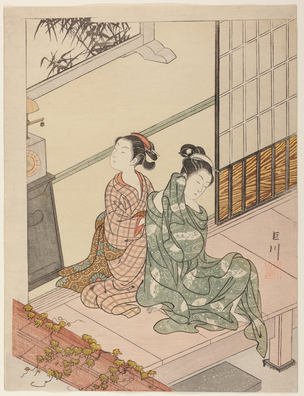The Evening Bell of the Clock (Tokei no bansho), fra serien "Eight Views of the Parlour (Zashiki hakkei)" av Suzuki Harunobu